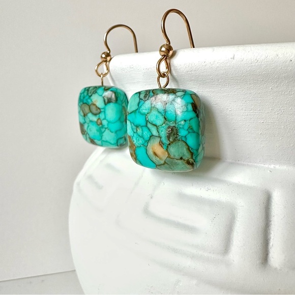 Square Mosaic Turquoise Drop Earrings Gold Filled French Hooks - Picture 3 of 5